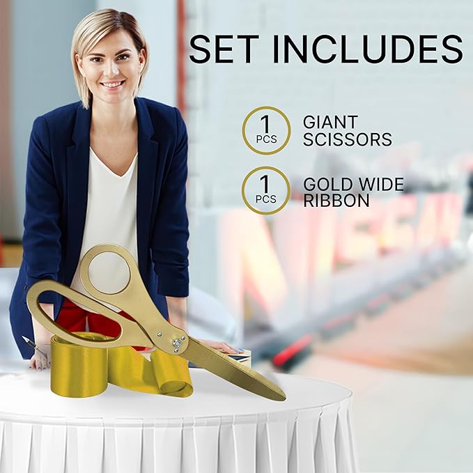 New Edition Grand Opening Ceremony Kit – Heavy Duty 25'' Scissors Gold with Golden Blades and Gold Satin Ribbon for Inauguration Ceremonies & Special Events