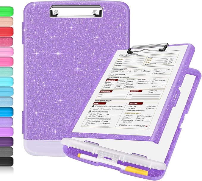 Sooez Glitter Clipboard with Storage, High Capacity Clip Boards 8.5x11 with Pen Holder, Cute Clipboards with Low Profile Clip, Sparkle Plastic Clip Board Case Box for Women & Kids, Side Opening