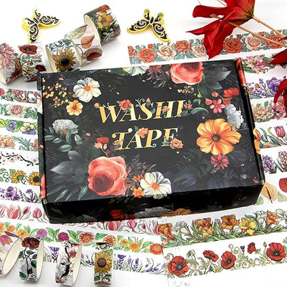 Flower Washi Tape Set, 34 Rolls Floral Tapes for Journaling Supplies, 25mm and 15mm Decorative Tape for Crafts, Christmas Gifts for Moms, Girlfriends, Kids (Rose, Sunflower, Lavender)