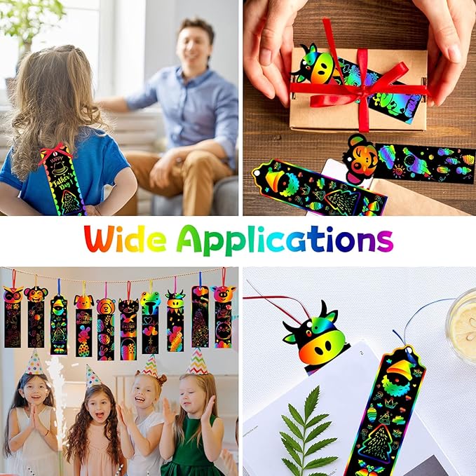 100 Sets Scratch Art Bookmarks Making Kit for Kids, Scratch Paper DIY Animal Bookmarks Bulk with 100 Pcs Ribbons and 100 Pcs Wood Stylus for Classroom Activities Party Favors, 13 Styles(B)