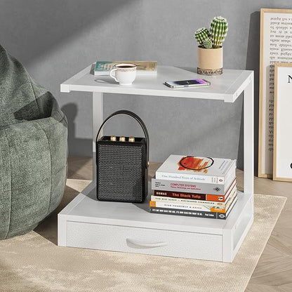 2-Tier Desktop Printer Stand with Fabric Drawer, Prtiner Table with Storage Shelf, Desk Organizer for Home Office,3D Printer,Fax Machine,Scanner, 17.3"x11.8" White