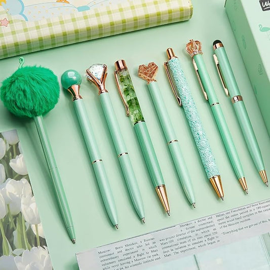 WEMATE 8Pcs Ballpoint Pens Set Metal Crystal Diamond Pen Glitter Pen for Journaling Green Pen Bling in Black & Blue Ink Pretty Cute Pens Fancy Pens Gifts for Women Wedding School Office Desk(Green)