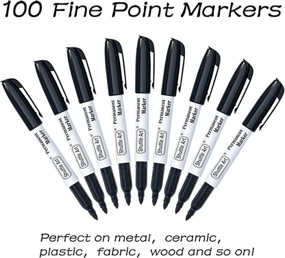 Shuttle Art Permanent Markers, 100 Pack Black Permanent Marker set,Fine Point, Works on Plastic,Wood,Stone,Metal and Glass for Doodling, Marking