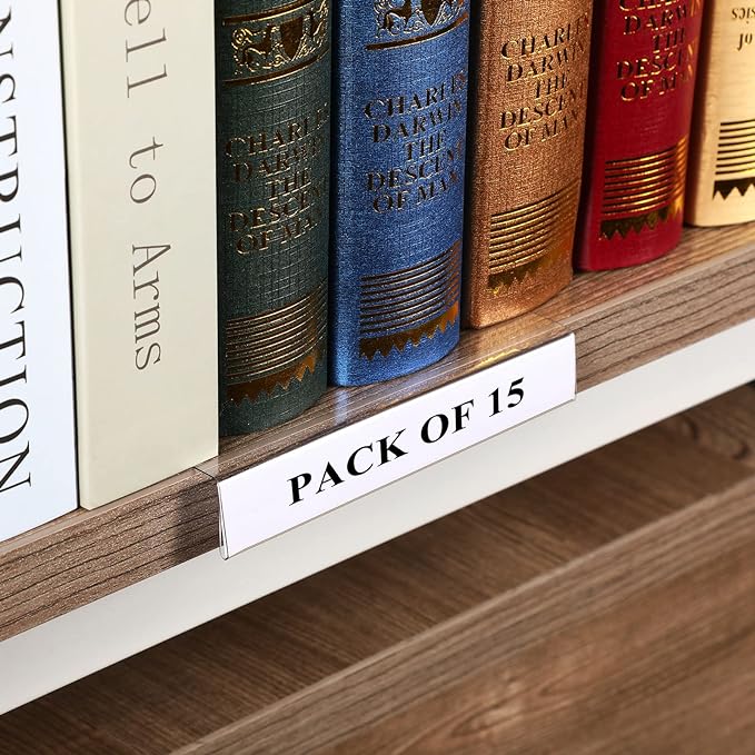 Containlol 15 Pieces Moveable Shelf Label Holders Clear Shelves Tags Library Markers Transparent Display Holder for Classroom Office Book (9.06 x 5.12 0.79 Inch)