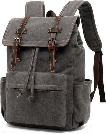 HuaChen Vintage Canvas Backpack, Mens Travel Leather Rucksack for Laptop Hiking Bag (M83_Grey)