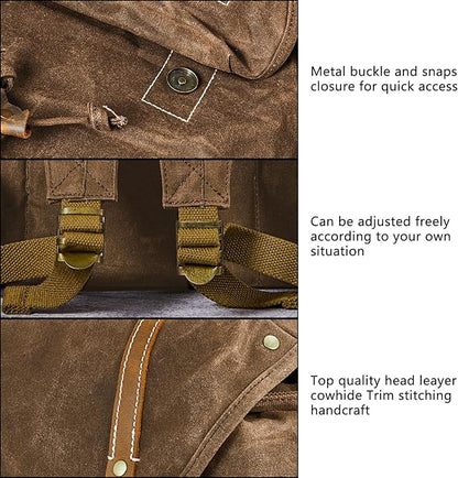 Backpack for Men Heavy Duty Waxed Canvas Vintage Women Trim Casual 15.6" laptop Travel Backpack-Brown