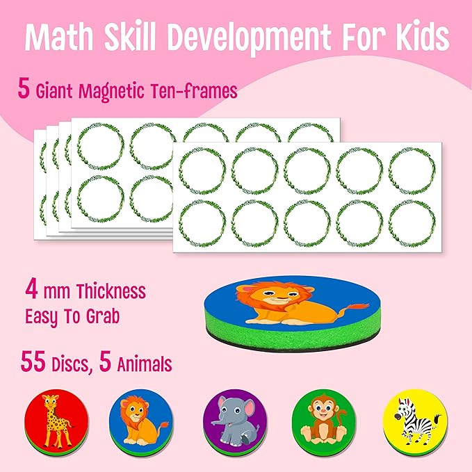 Magnetic Ten-Frame Set, 5 Frames & 55 Colorful Counters Ten Frame Math Games Jungle Themed Math Manipulative Counting Toys for Kindergarten Preschool, 5 Colors & 5 Animals (Fridge & Hand-held)