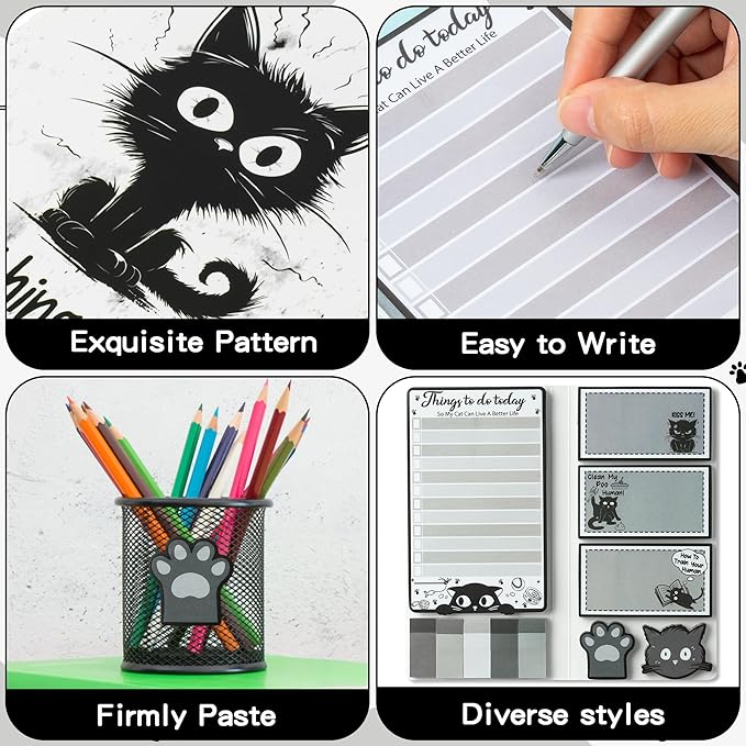 B1ykin Sticky Notes Set - Cartoon Theme Cute Self-Stick Notes Pad Teacher Appreciation Gifts， Self-Adhesive Writing Memo Pages Sticky to Do Notepad for Kids Employee School Office (Funny Black Cat)