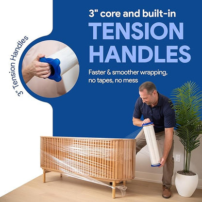 80 Gauge Plastic Stretch Film/Wrap with Tension Handles 1200ft 500% Stretch Clear Cling Durable Adhering Packing Moving Packaging Heavy Duty Shrink Film (Tension Handles, 2)