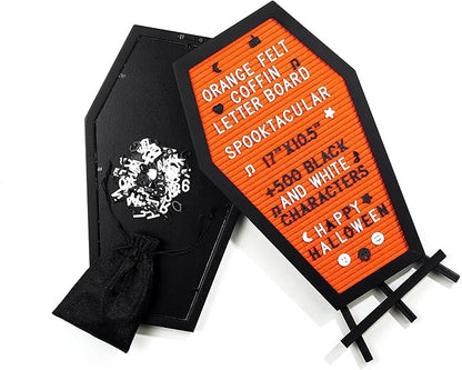 Coffin Letter Board Orange With Spooky Emojis +500 Characters, and Wooden Stand - 17x10.5 Inches - Gothic Halloween Decor Spooky Gifts Decorations