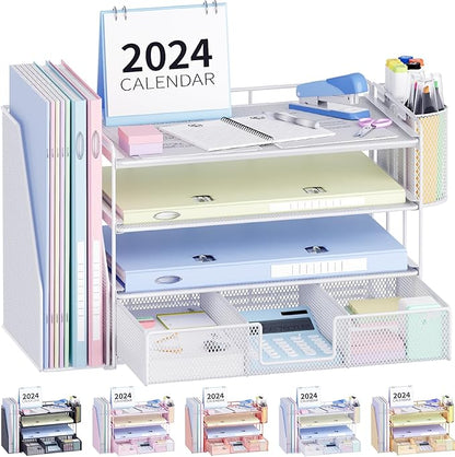 Desk Organizers and Accessories, Desk Accessories & Workspace Organizers for Office Supplies, File Organizer Desk Drawer Organizer with 2 Pen Holders, 4 Tier Paper Organizer for Desk(White)