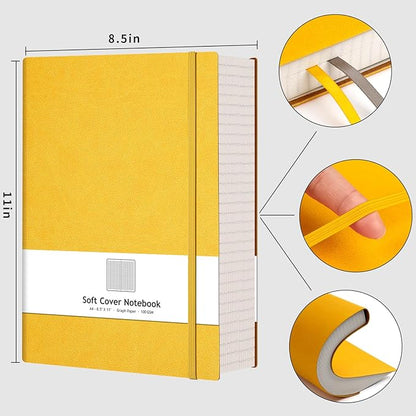 AHGXG Graph Paper Notebook - Grid Paper Notebook Large A4 8.5''×11'', 320 Pages Thick Journal, 100gsm Thick Graph Paper, Leather Softcover, Inner Pocket - Yellow