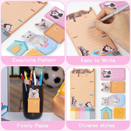 B1ykin Sticky Notes Set - Cartoon Theme Cute Self-Stick Notes Pad Teacher Appreciation Gifts， Self-Adhesive Writing Memo Pages Sticky to Do Notepad for Kids Employee School Office (Cat Lovers)