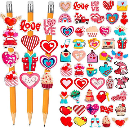 WDAHDHP Valentine's Day Pencil Clips for Kids, 50Pcs Different Pencil Clips Topper, Cute Pencil Charms for Kids Students School Gifts Classroom Rewards