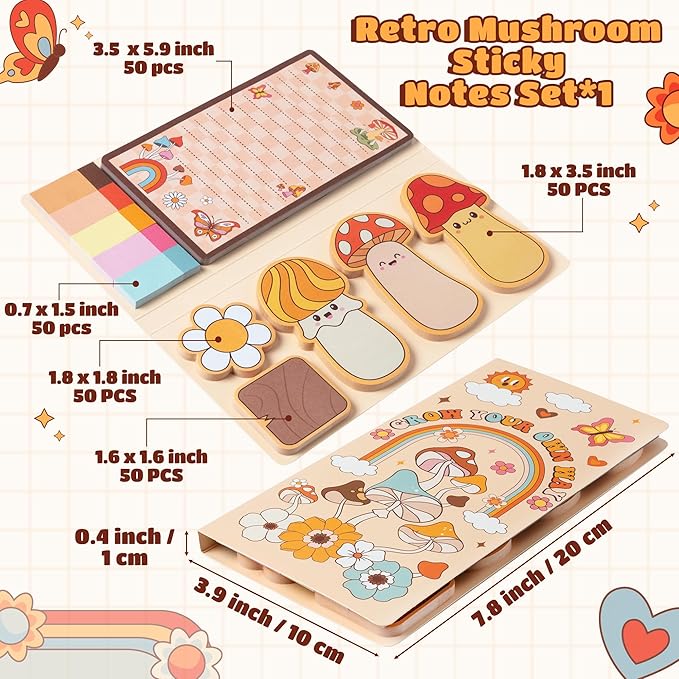 B1ykin Sticky Notes Set - Cartoon Theme Cute Self-Stick Notes Pad Teacher Appreciation Gifts， Self-Adhesive Writing Memo Pages Sticky to Do Notepad for Kids Employee School Office (Retro Mushroom)