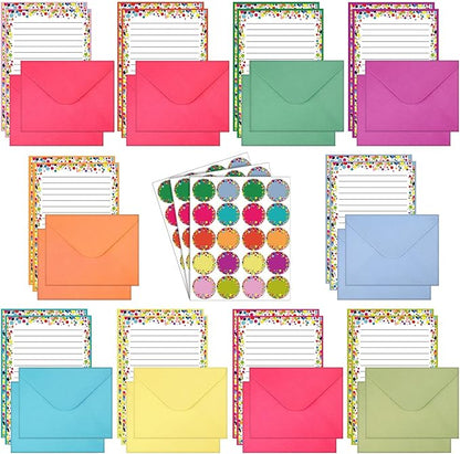 TaoBary 160 Packs Stationery Paper Set (50 Double Sided Stationery Writing Papers 50 Matching Envelopes) 60 Round Dot Sticker, 10 Design(Dot,5.5 x 8.25 Inch)