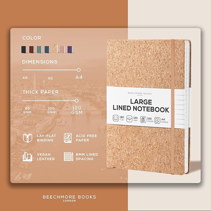 BEECHMORE BOOKS Lined Journal Notebook, 8.5 x 11.5 inch, A4 160 Lined Pages, Hardcover Leather Journals for Women, Men, Writing and Notebooks for Work - 120 GSM Thick Paper, Gifts Box Included