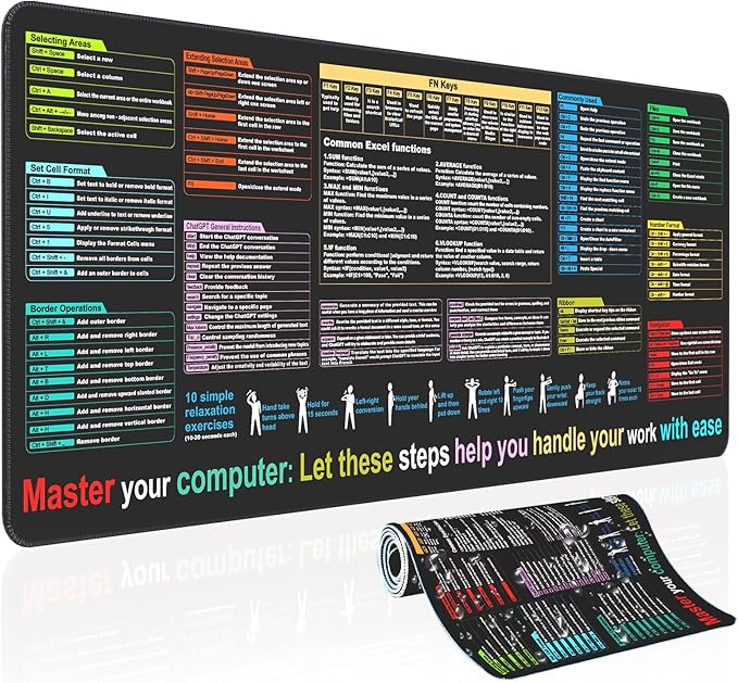 Waterproof Mouse pad—Excel Cheat Sheet Desk pad—Contains 9 major Excel function modules and common functions—Large XL Mouse pad Gaming|Desk mat for Keyboard and Mouse|Computer mat with excel Shortcuts