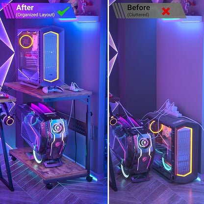 Computer Tower Stand with Power Strips, Height Adjustable PC Tower Stand/Cart with Wheels, Mobile Rolling CPU Holder, Computer Cart Side Stand for Computer Desk, 24", Rustic Brown