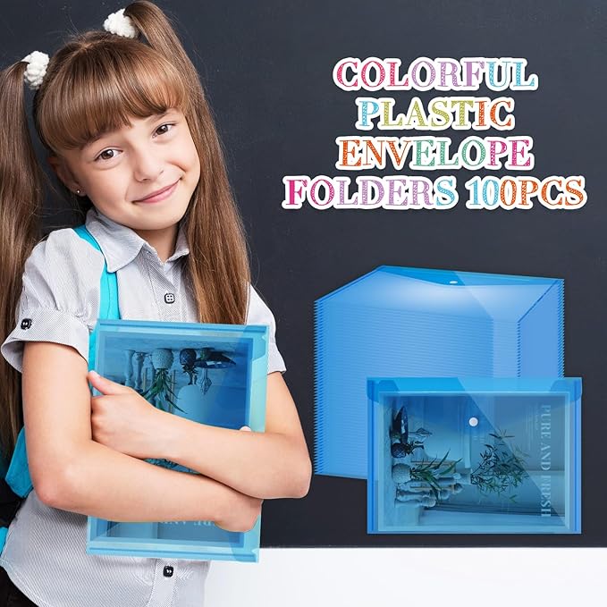 Zhehao 100 Pcs Clear Envelopes with Snap Button Closure A4 Letter Size Plastic Envelope Folder Poly Document File Folders for Home Office(Blue,Simple Style)