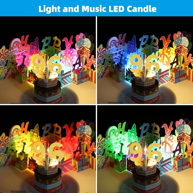 Gumry 96TH Musical Birthday PopUp Card, Blowable Colorful Light Candle 3D Cards with Song, Applause Cheers Sound, Greeting Cards Birthday Gifts Decorations for Women Men Turning 96 Years Old