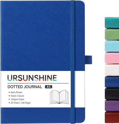 Dotted Journal/Notebook - Dot Grid Hard Cover Notebook, Premium Thick Paper with Fine Inner Pocket, Black Smooth Faux Leather, Pen Loop, 5.3'' x 8.26'' - Deep Blue