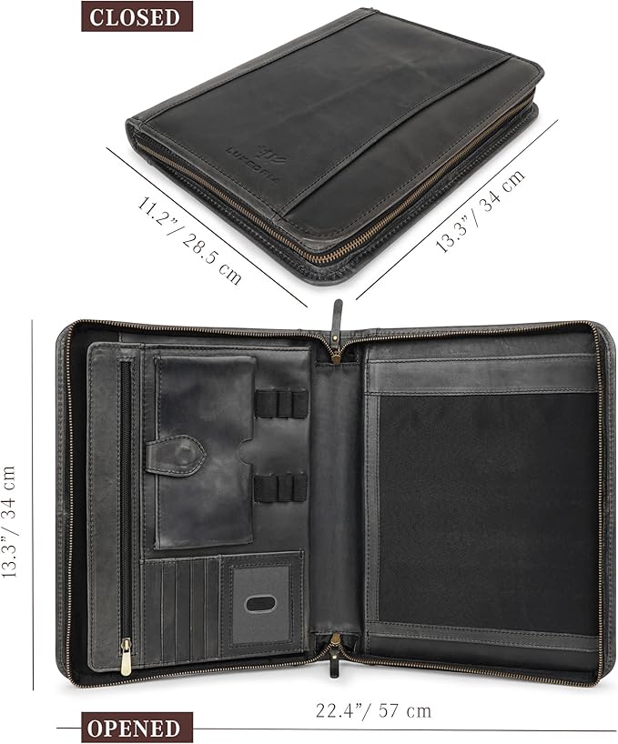 Leather Portfolio Professional Organizer Padfolio – Resume Folder, Document Binder w/Business Card Holder, Portfolios for Men & Women, Office & Business Supplies by Luxeoria | (Large - Black)