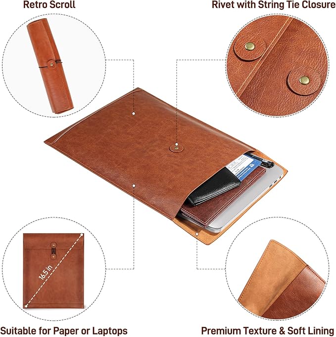 Brown PU Leather File Folders for Documents,Important Private File Organizer with String Tie Closure,Laptop Sleeve Notebook Case,Leather Portfolio Binder Envelopes,Letter Size Filing Folder 1PC