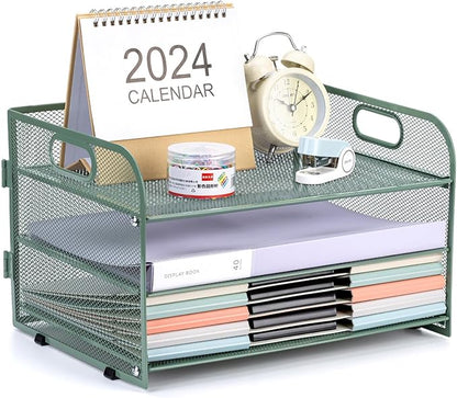 3-Tier Letter Tray Paper Organizer with Handle,Compact Mesh Desk File Organizer for Home Office Supplies Desktop Accessories,Green