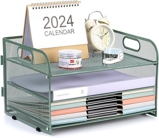 3-Tier Letter Tray Paper Organizer with Handle,Compact Mesh Desk File Organizer for Home Office Supplies Desktop Accessories,Green