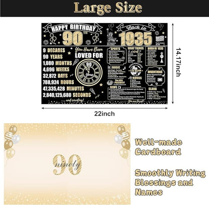 Large 90th Birthday Card With Envelope for Men Women, 1935 Black Gold Happy 90th Birthday Giant Guest Signature Book Gifts, Big Vintage 1935 90th Greeting Card Decoration Party Supplies