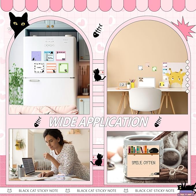9 Pads Cute Sticky Notes Cartoon Animal Self Stick Notepads 3x3 Inches Notes Adhesive Memo Pad Office Decor Gifts for Students School Office Meeting(Black Cat)