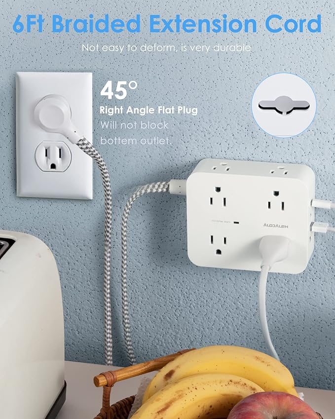 6Ft Surge Protector Power Strip with USB C, Extension Cord with 8 Wide Outlets(2.2 IN) and 4 USB Ports(2 USB C), Flat Plug, Wall Mount, 3 Side Outlet Extender for Home Dorm Room Essentials, ETL Listed