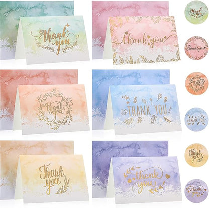 24 Pack Watercolor Thank You Cards with 24 Envelopes 24 Stickers 6 Designs Gold Letter Greeting Note Cards Thank You Notes Round Envelope Seal Stickers for Wedding Graduation(Lovely Style)