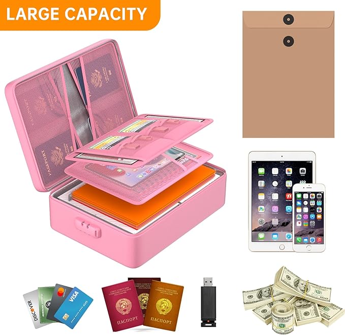 DocSafe 5200°F Document Organizer with Lock,Upgraded Heat Insulated Fireproof＆Waterproof Box 8 Layers File Organizer,Portable Home Travel Safe Storage for Important Documents, Files,Pink (Soft)