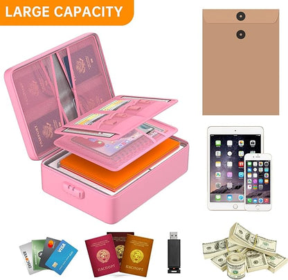 DocSafe 5200°F Document Organizer with Lock,Upgraded Heat Insulated Fireproof＆Waterproof Box 8 Layers File Organizer,Portable Home Travel Safe Storage for Important Documents, Files,Pink (Soft)
