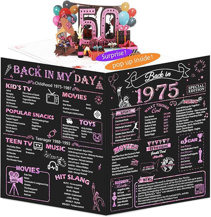 50th Birthday Card for Women Her, Jumbo 3D Pop Up 50th Birthday Gifts, Back In 1975 Happy 50 Year Old Sister Birthday Decorations Cards Card for Wife, Rose Gold