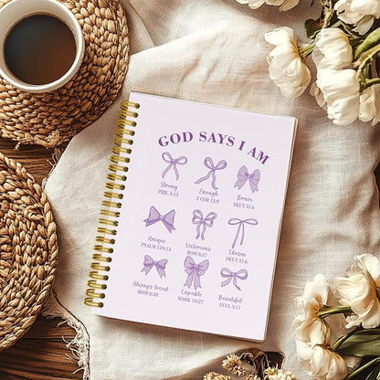 Coquette Purple Bows Bible Notebook,Aesthetic Composition Notebook, God Says I Am Christian Scripture Prayer Journal for Women, Hardcover Spiral Notebooks College Ruled 5.5 x 8.3 （Purple