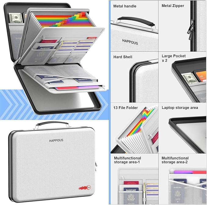 Fireproof Document Organizer, Expanding File Organizer with 13 Pockets, Portable Fireproof Document Box Hard-Shell Document Organizer Storage for Documents Laptop Passports Cards Gray