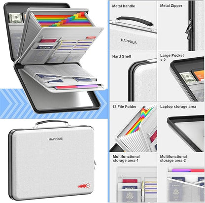 Fireproof Document Organizer, Expanding File Organizer with 13 Pockets, Portable Fireproof Document Box Hard-Shell Document Organizer Storage for Documents Laptop Passports Cards Gray