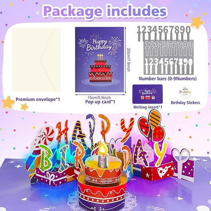Customizable Age 3D Birthday Card – LED Light, Blowable Candle & Music Pop-Up Greeting Card for Women, Men (1-100 Years) Purple Gold