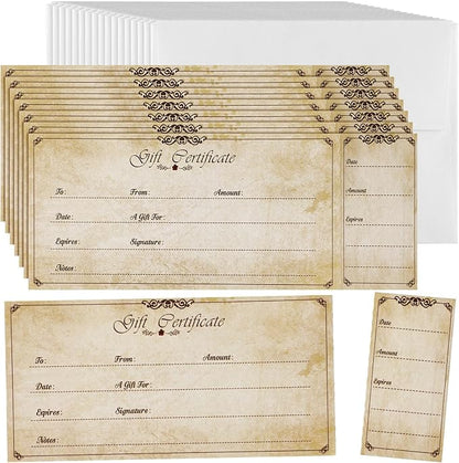 Sinmoe 50 Sets Gift Certificate for Business with 50 Pcs Envelopes Blank Gift Certificate Cards with Name and Address Rustic for Beauty Salon Restaurants Birthday(5.91 x 3.94 Inch, Vintage Style)