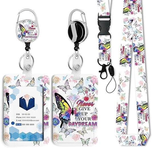 Butterfly flowerBadge Holder with Retractable Reel and Breakaway Lanyard，Badge Clips Retractable Heavy Duty Badge Reel，Funny Keychain，ID Holder with Breakaway Lanyard for School Nurse Office Teen