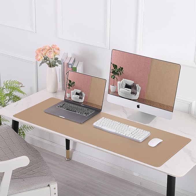 AFIING Leather Desk pad Protector, Large Desk mat with Natural Cork & PU Leather,Mouse pad,Non-Slip Office Desk Mat,Waterproof Desk Writing Pad for Office and Home (35.4in*17in,Dark Apricot)