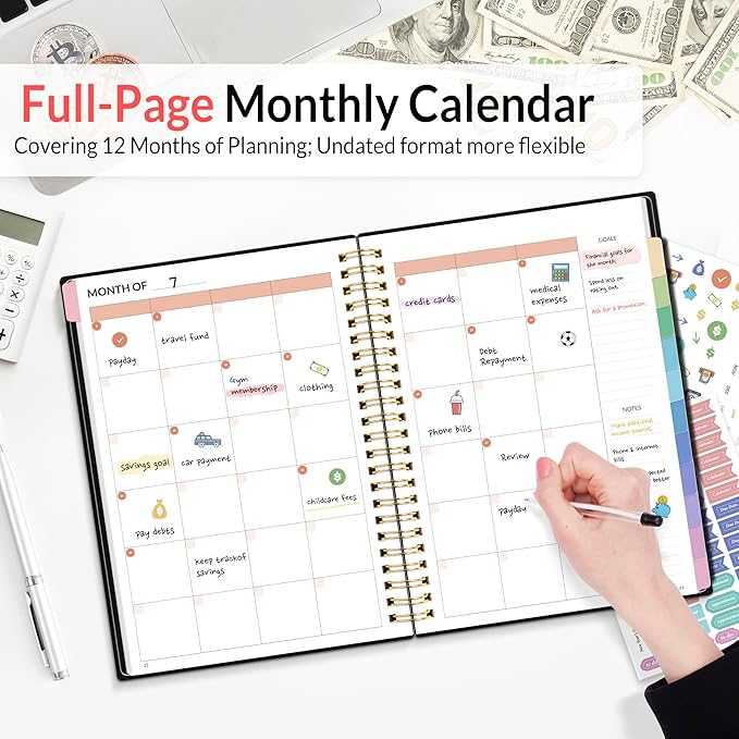SUNEE Budget Planner - Monthly Budget Book with Expense Tracker Notebook, Undated 12 Month Bill Organizer & Finance Planner to Manage Your Money, A5(6.4" x 8.3") Account Book with Colorful Tab, Black