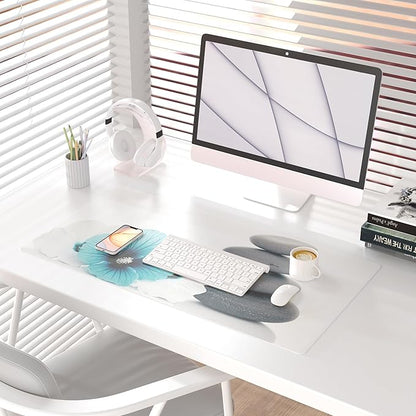 QIYI Desk Pad, Non-Slip PU Leather Desk Blotter Protector, Kids Floral Print Waterproof Computer Desk Mat, Thick Home & Office Large Keyboard Mouse Pad 31.5" x 15.7" - Pebbles & Blue White Flowers