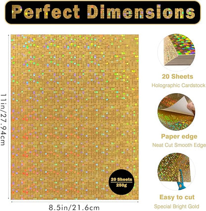 20 Sheetsgold glitter Iridescent cardstock Paper,Gold Foil Cardstock Paper8.5" x 11", Die Cut and Plotter Compatible - Perfect for Card Making, Invitations & Decorations ﻿