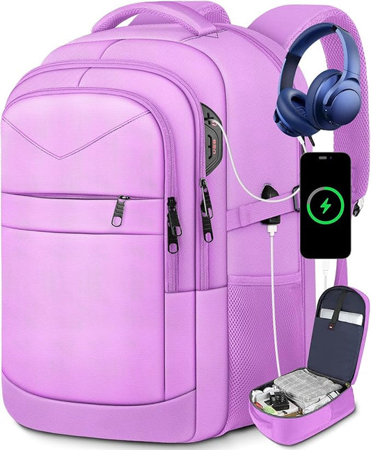 Lapsouno Large Laptop Backpack, Travel Laptop Backpack, 17.3 Inch Carry on Backpack with USB Port, TSA Travel Bag for Women,College School Backpack for Women,Light Purple