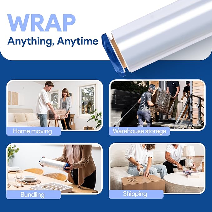 80 Gauge Plastic Stretch Film/Wrap with Tension Handles 1200ft 500% Stretch Clear Cling Durable Adhering Packing Moving Packaging Heavy Duty Shrink Film (Tension Handles, 1)