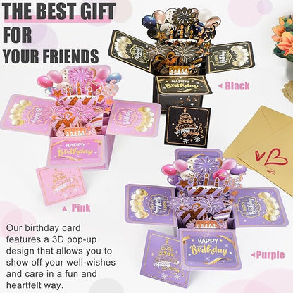 Surprise Pop Up Happy Birthday Cards, Lovely 3D Birthday Card for Adults and Kids with Envelopes, Unique Design Handmade Foldable Greeting Cards for Daughter, Son, Mom, Dad, Friend（Pink）